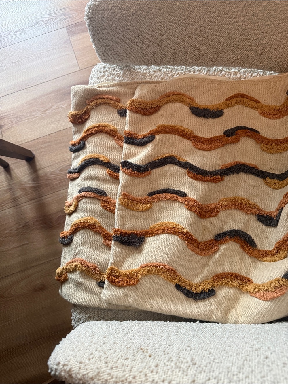 Textured Wave Accent Pillow Cover x 2 in Beige with Rust and Charcoal